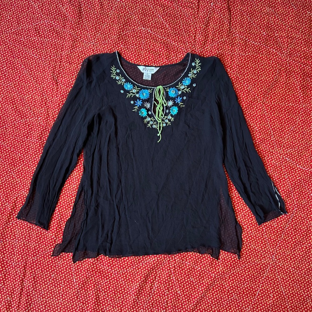 Allison Taylor Black 100% Silk Embroidered Floral Blouse XL Boho Twee Vintage